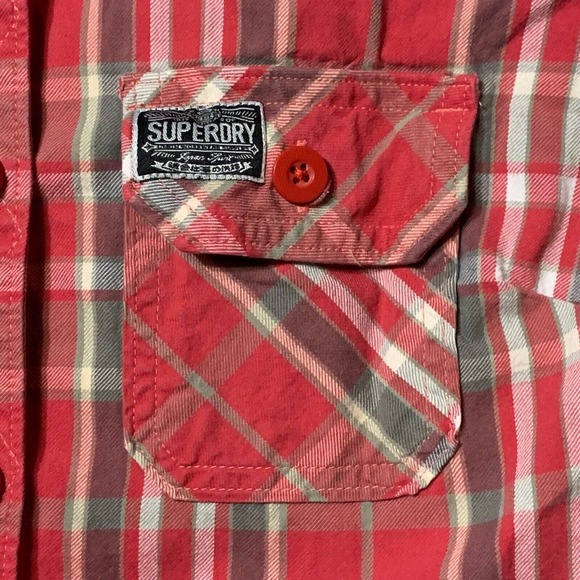 Womens Superdry Red/White PLAID SHIRT size L button up 3/4 sleeve - Picture 8 of 11